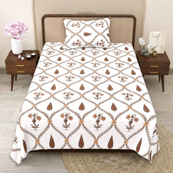 Earthy Terracotta and Brown Vine Net Block Print Single Bedsheet