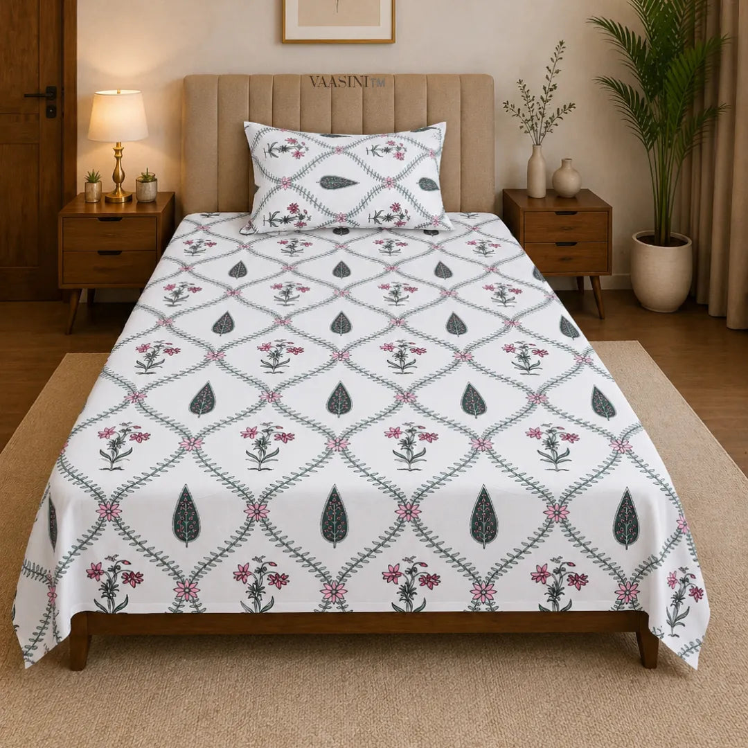 Dusty Pink and Sage Green Diamond Jali Vine Single Bedsheet