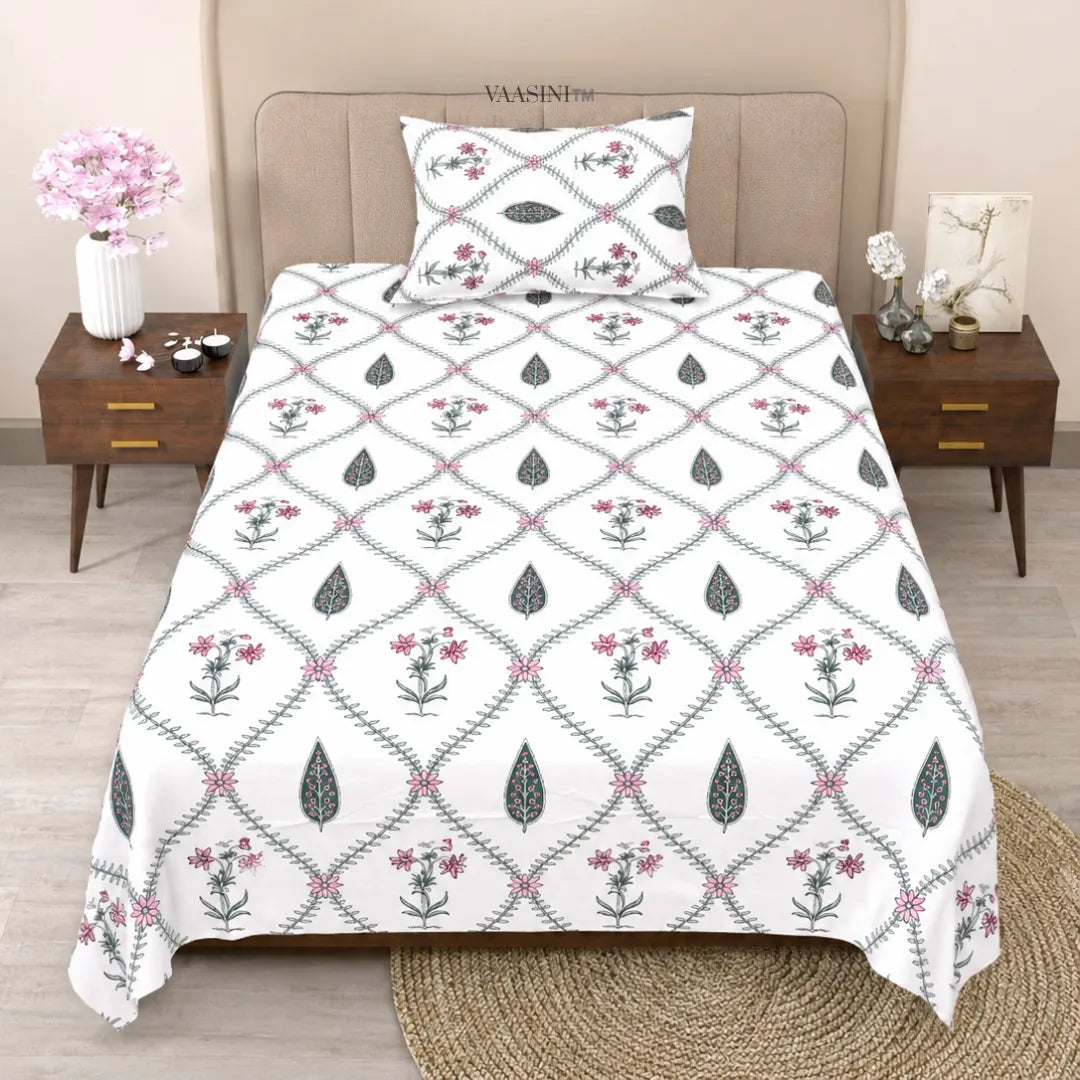 Dusty Pink and Sage Green Diamond Jali Vine Single Bedsheet