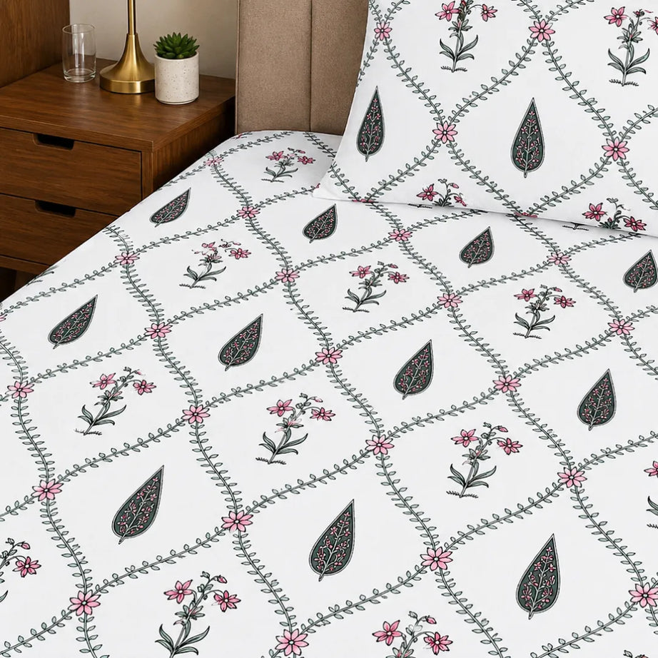 Dusty Pink and Sage Green Diamond Jali Vine Single Bedsheet