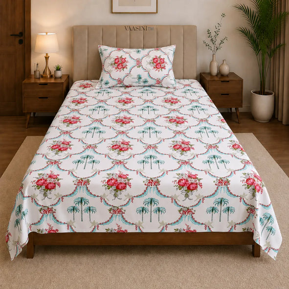 Heritage Red Rose Bouquet and Turquoise Palm Arch Single Bedsheet