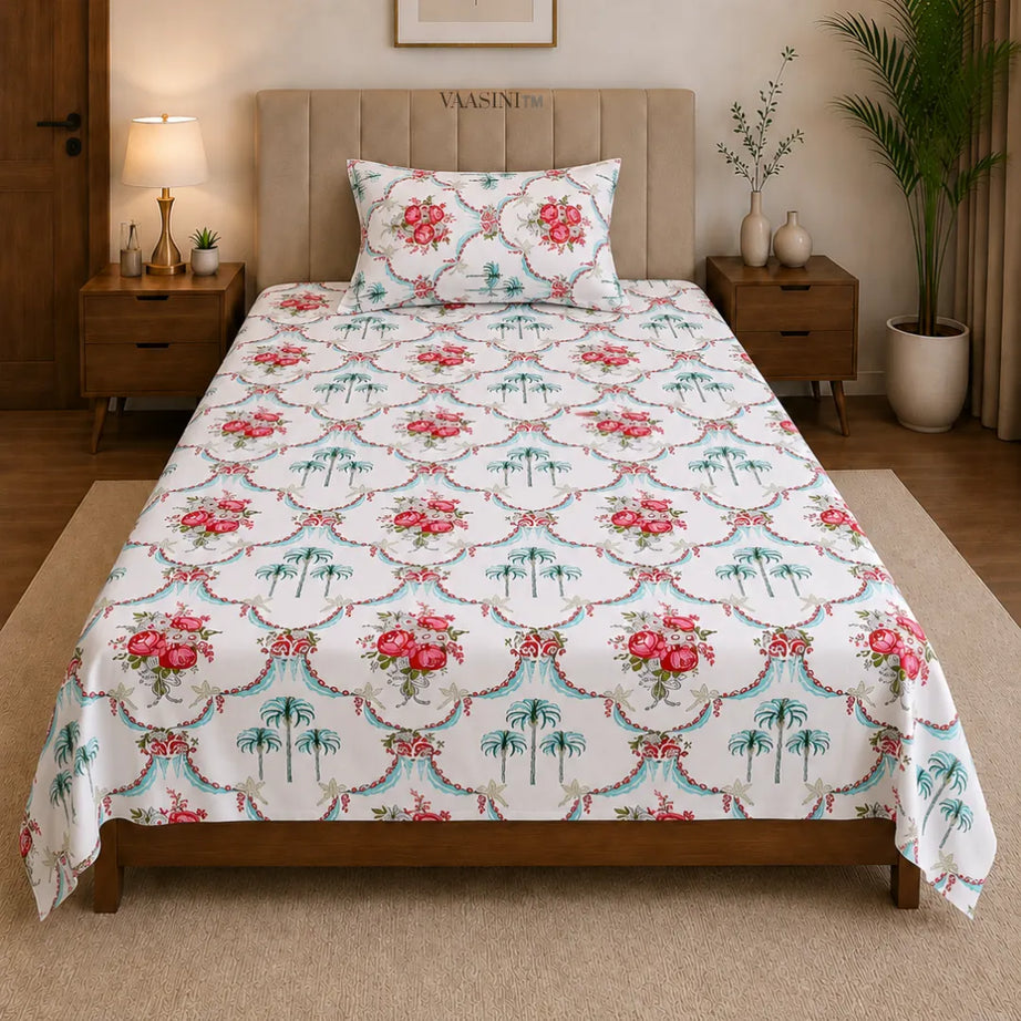 Heritage Red Rose Bouquet and Turquoise Palm Arch Single Bedsheet
