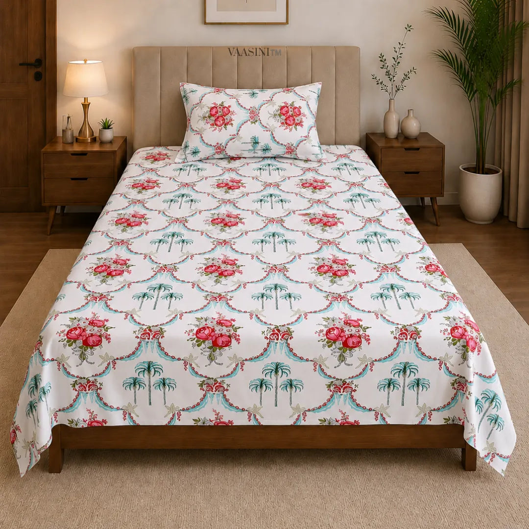 Heritage Red Rose Bouquet and Turquoise Palm Arch Single Bedsheet