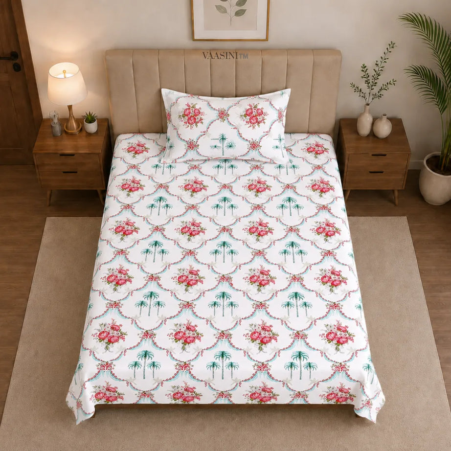 Heritage Red Rose Bouquet and Turquoise Palm Arch Single Bedsheet