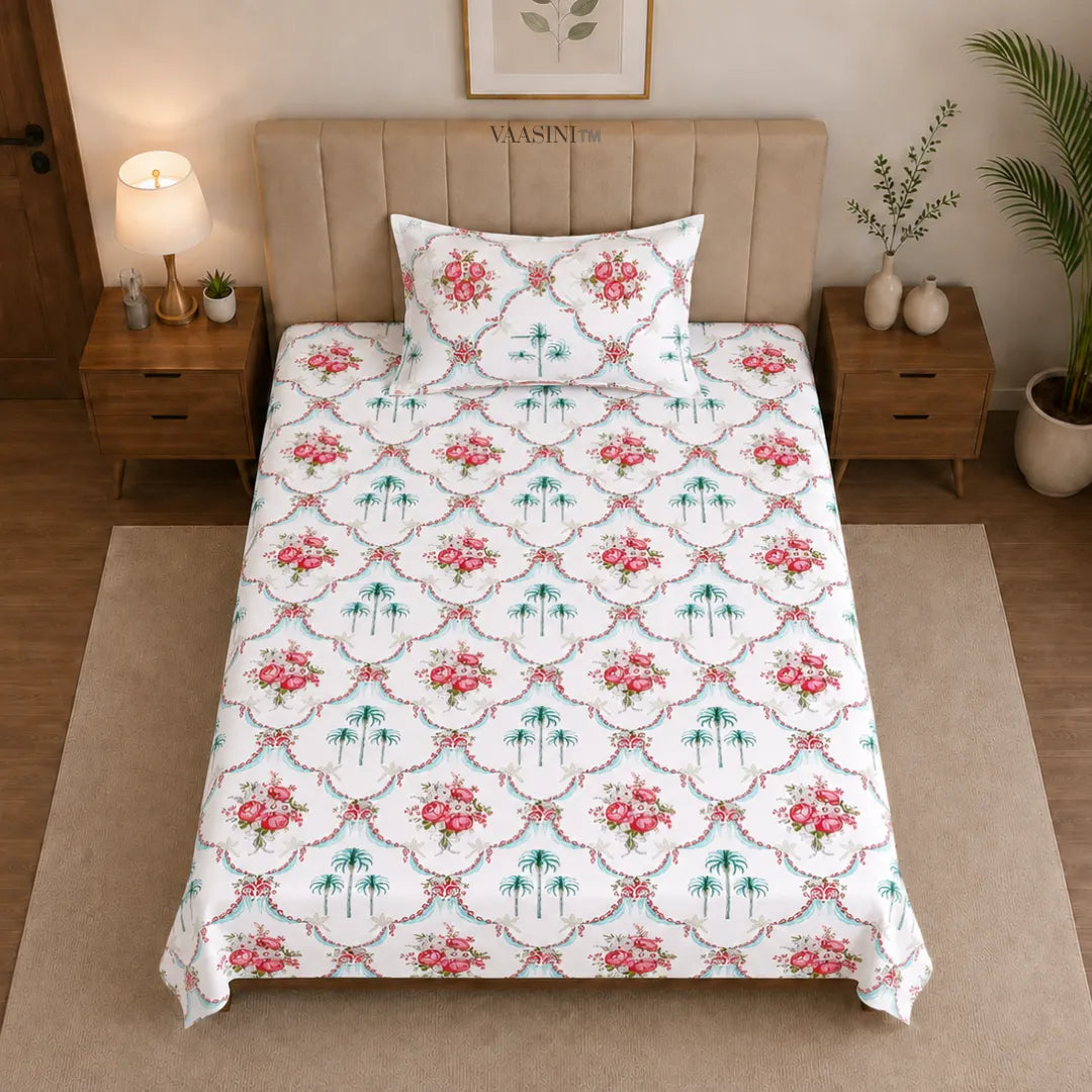 Heritage Red Rose Bouquet and Turquoise Palm Arch Single Bedsheet
