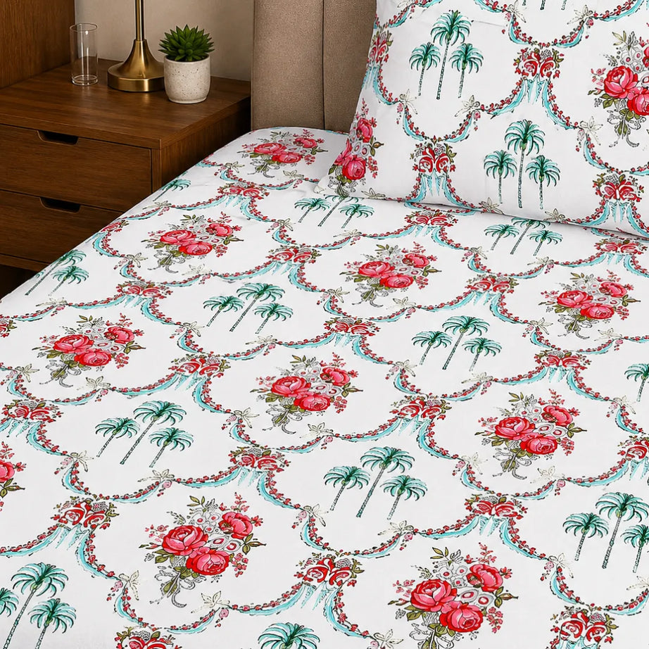 Heritage Red Rose Bouquet and Turquoise Palm Arch Single Bedsheet