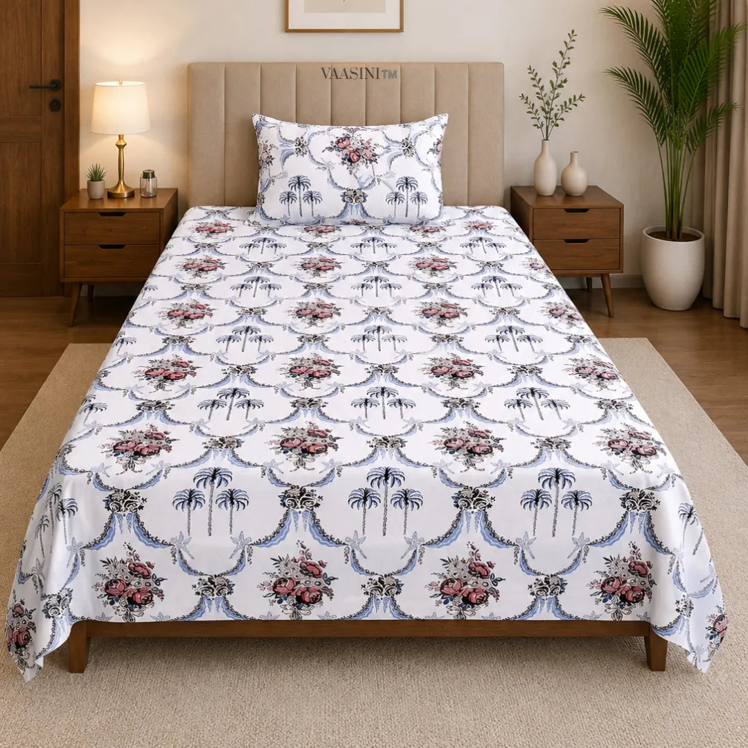 Vintage Maroon Floral Cluster and Indigo Palm Net Single Bedsheet