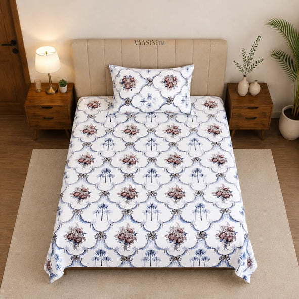 Vintage Maroon Floral Cluster and Indigo Palm Net Single Bedsheet