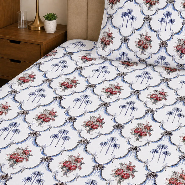Vintage Maroon Floral Cluster and Indigo Palm Net Single Bedsheet