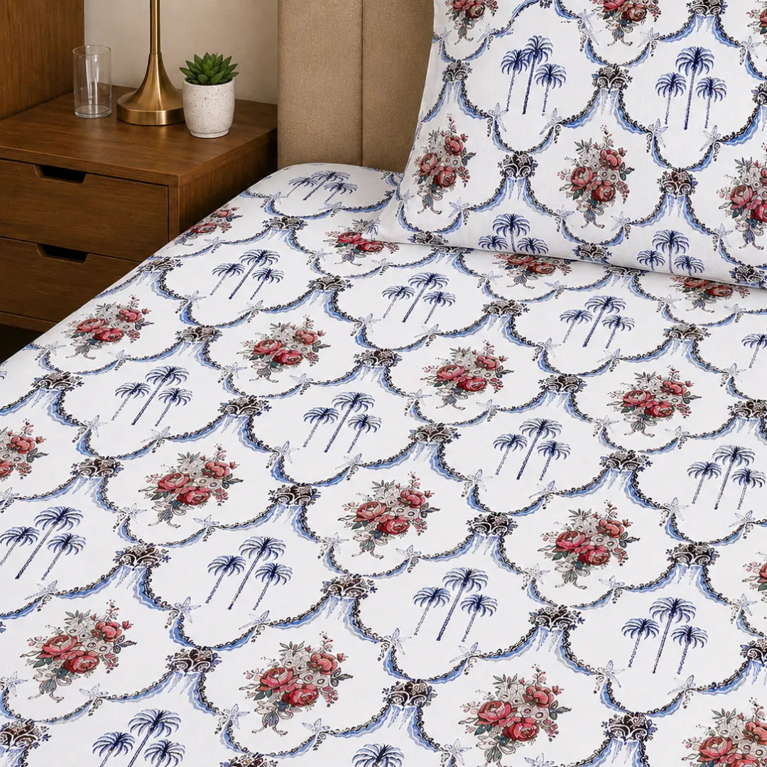 Vintage Maroon Floral Cluster and Indigo Palm Net Single Bedsheet