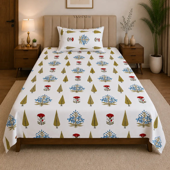 Sky Blue Floral Boota and Mustard Cypress Tree Single Bedsheet