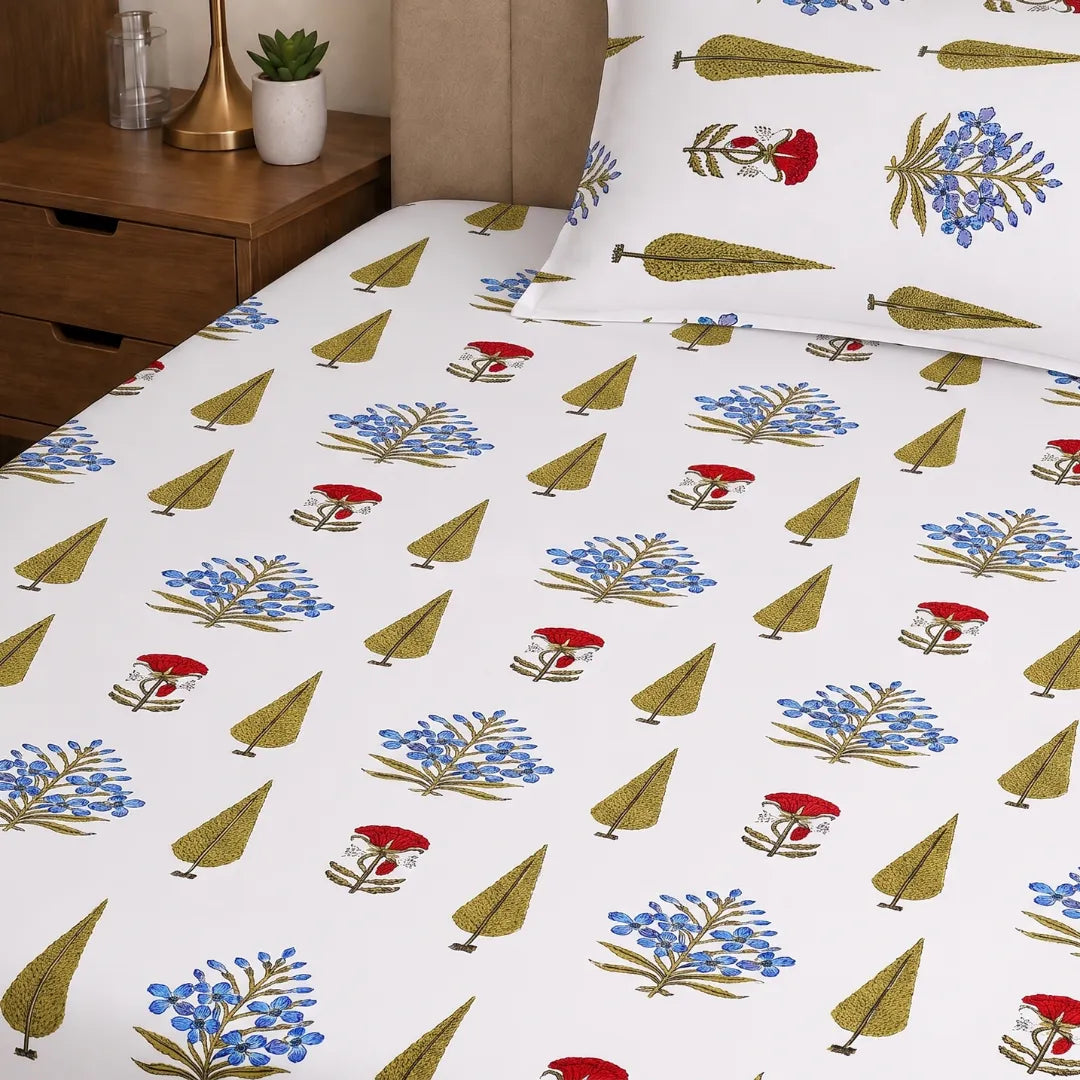 Sky Blue Floral Boota and Mustard Cypress Tree Single Bedsheet