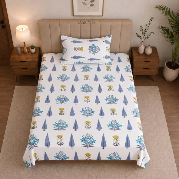 Classic Indigo Floral Cluster and Cobalt Cypress Tree Single Bedsheet