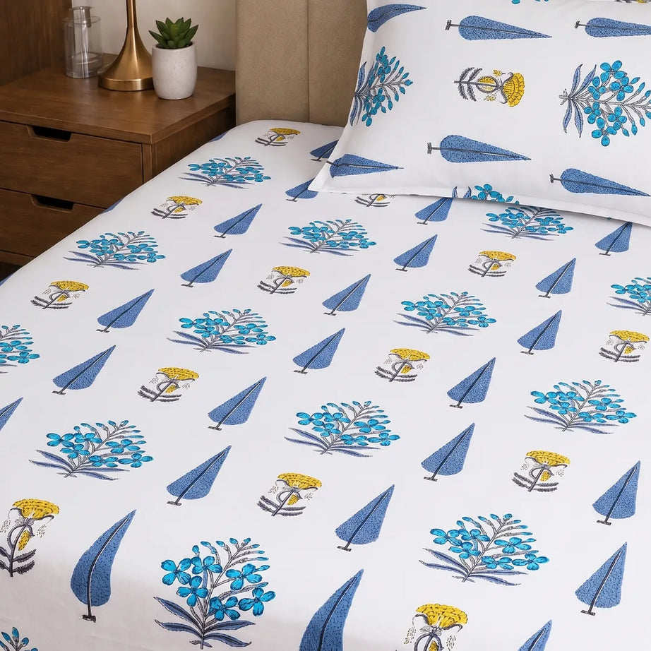 Classic Indigo Floral Cluster and Cobalt Cypress Tree Single Bedsheet