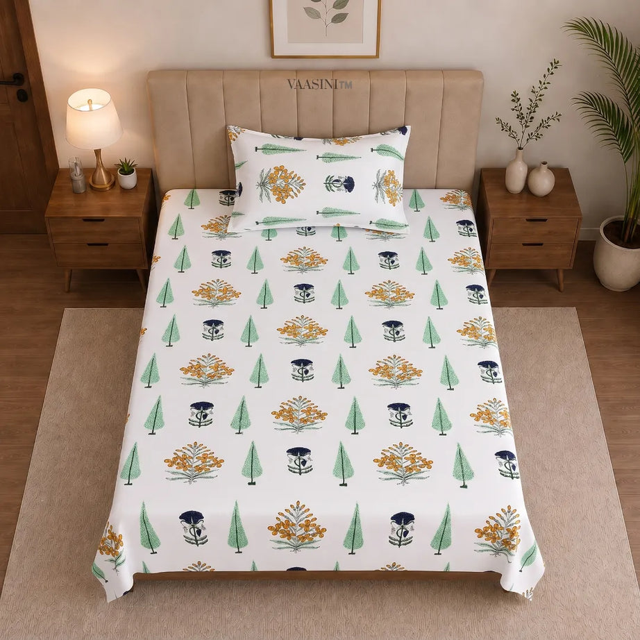 Marigold Yellow Floral Bouquet and Mint Green Cypress Single Bedsheet