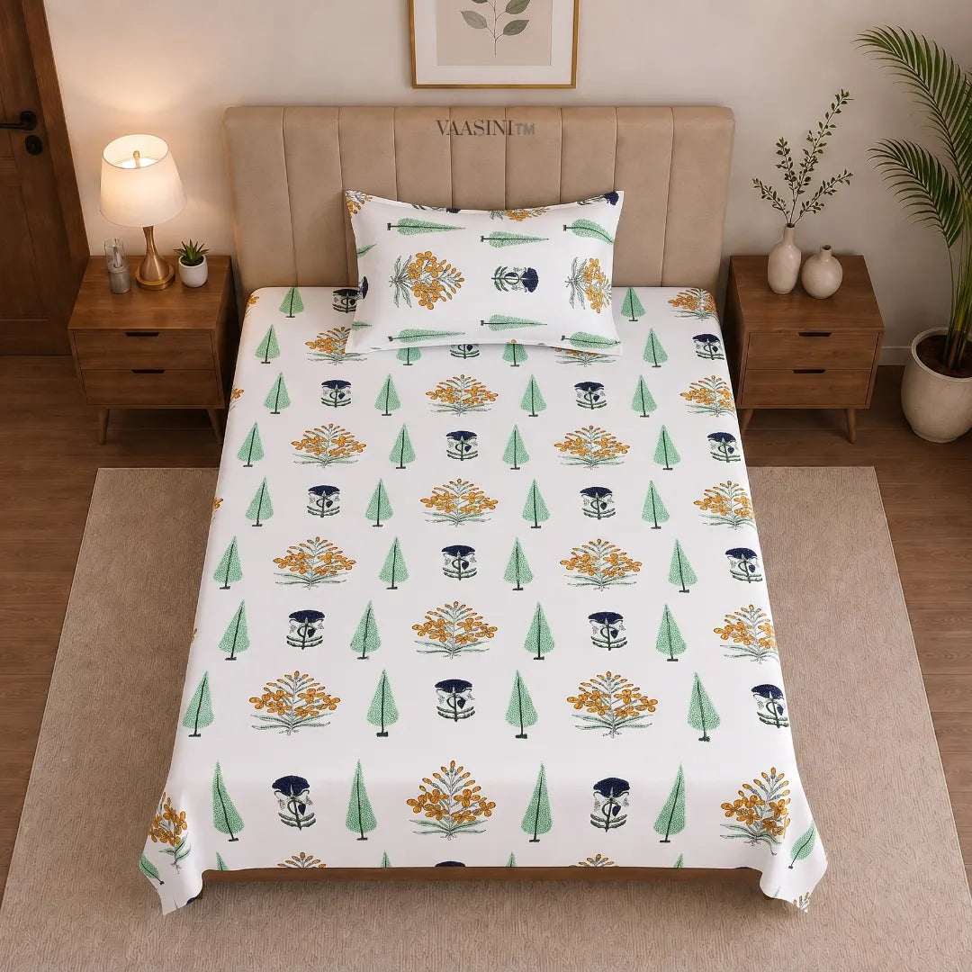 Marigold Yellow Floral Bouquet and Mint Green Cypress Single Bedsheet