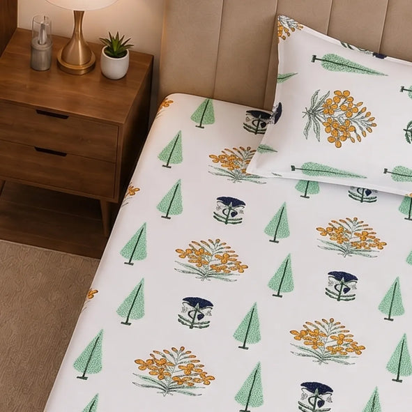 Marigold Yellow Floral Bouquet and Mint Green Cypress Single Bedsheet
