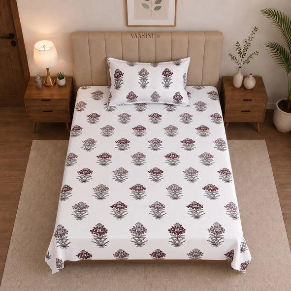 Deep Wine and Charcoal Mughal Floral Boota Hand Block Print Single Bedsheet