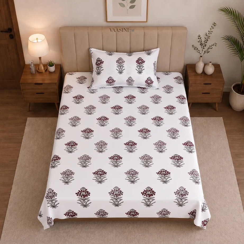 Deep Wine and Charcoal Mughal Floral Boota Hand Block Print Single Bedsheet