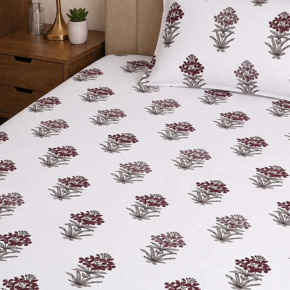 Deep Wine and Charcoal Mughal Floral Boota Hand Block Print Single Bedsheet