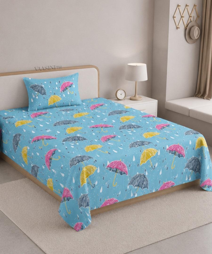 Monsoon Magic Umbrella Sky Blue Bedsheet