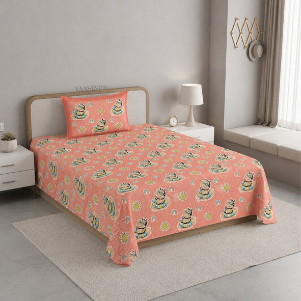 Summer Hippo Tangerine Orange Kids Bedsheet