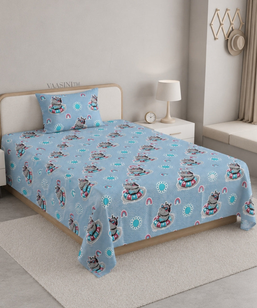 Summer Hippo Powder Blue Kids Bedsheet