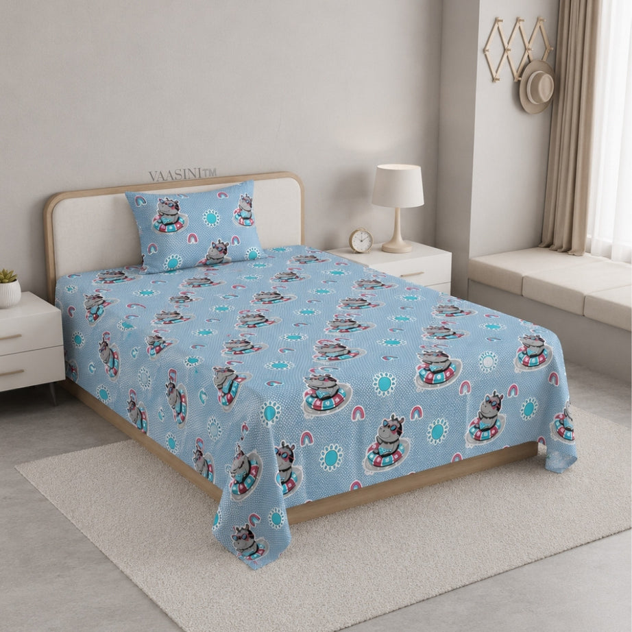 Summer Hippo Powder Blue Kids Bedsheet