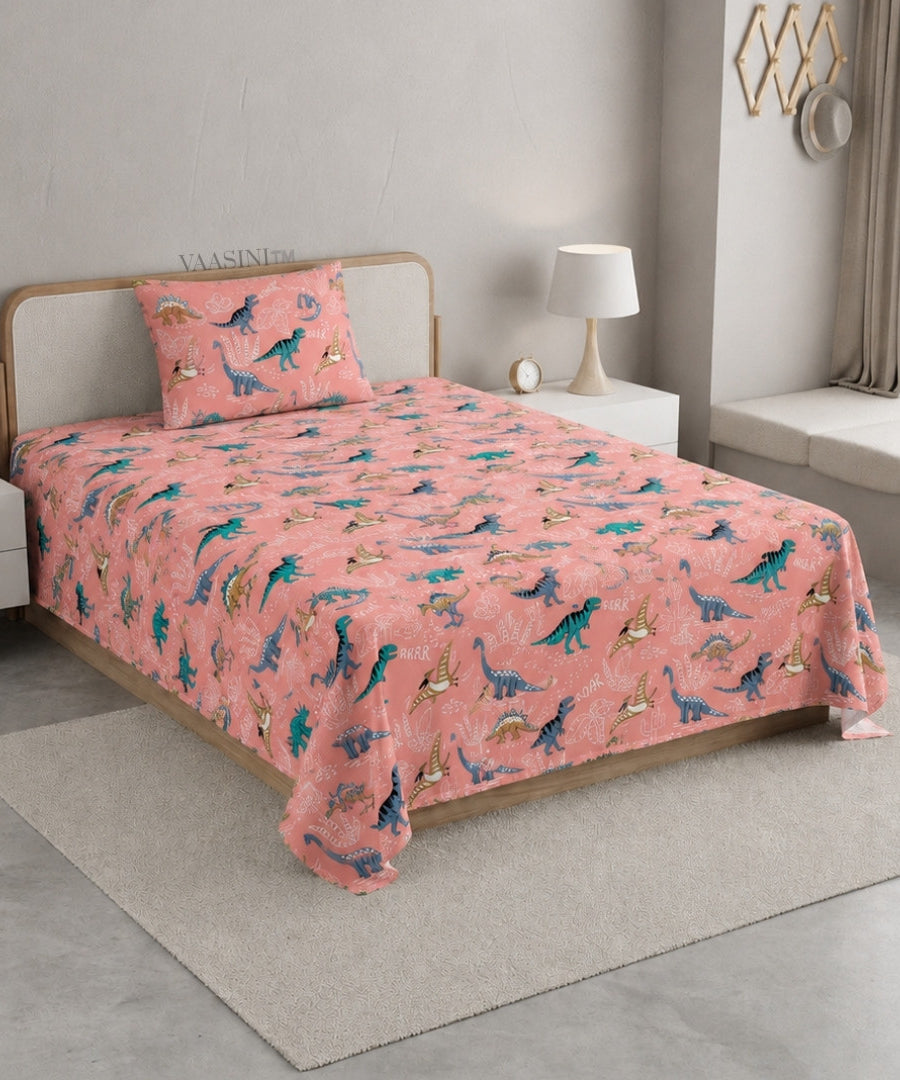 Dino Roar Coral Peach Kids Bedsheet