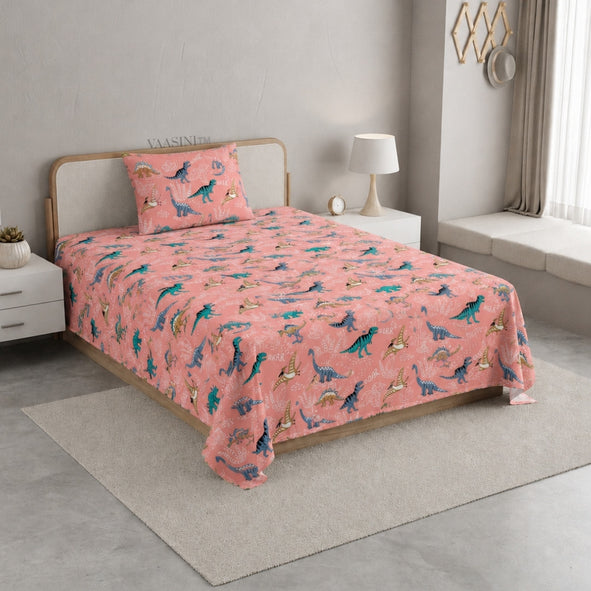 Dino Roar Coral Peach Kids Bedsheet