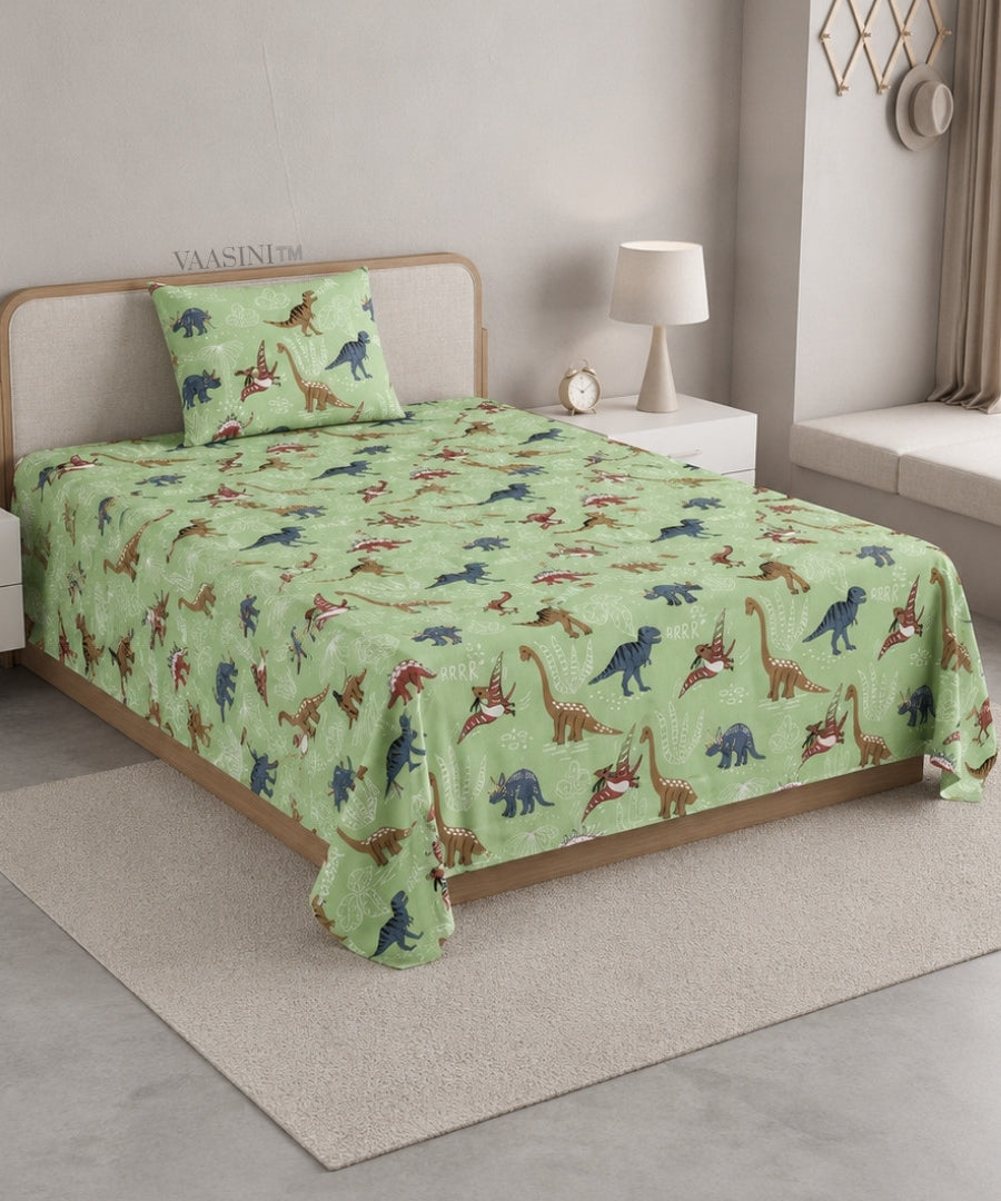 Dino Roar Sage Green Kids Bedsheet