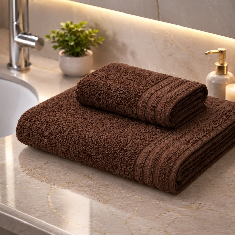 Terry Cotton Ultrasoft & Durable Solid Chocolate Brown 400 GSM Bath & Hand Towel Combo