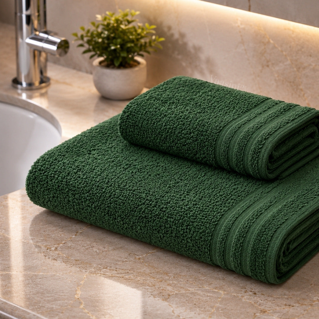 Terry Cotton Ultrasoft & Durable Solid Forest Green 400 GSM Bath & Hand Towel Combo
