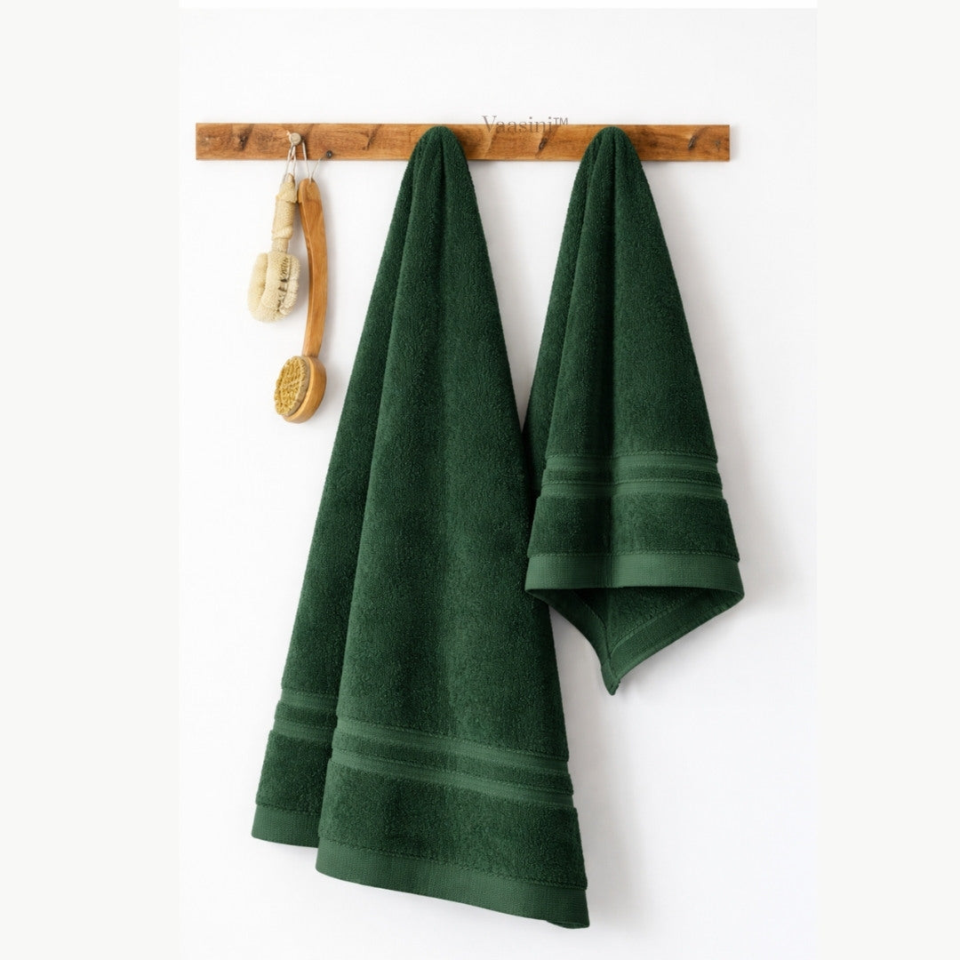 Terry Cotton Ultrasoft & Durable Solid Forest Green 400 GSM Bath & Hand Towel Combo