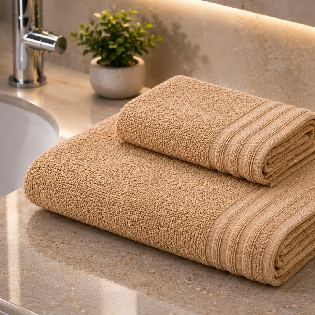 Terry Cotton Ultrasoft & Durable Solid Sand Beige 400 GSM Bath & Hand Towel Combo