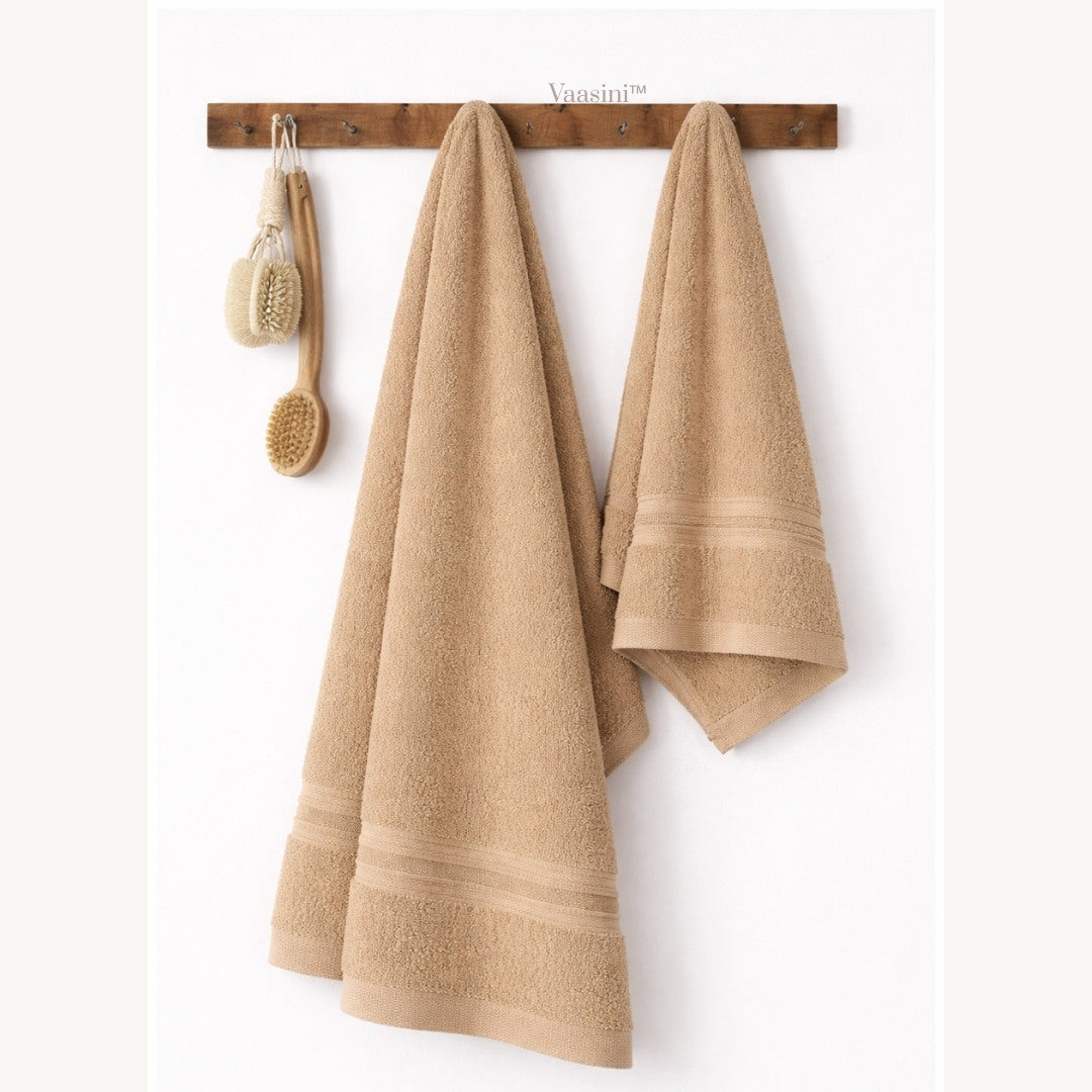 Terry Cotton Ultrasoft & Durable Solid Sand Beige 400 GSM Bath & Hand Towel Combo