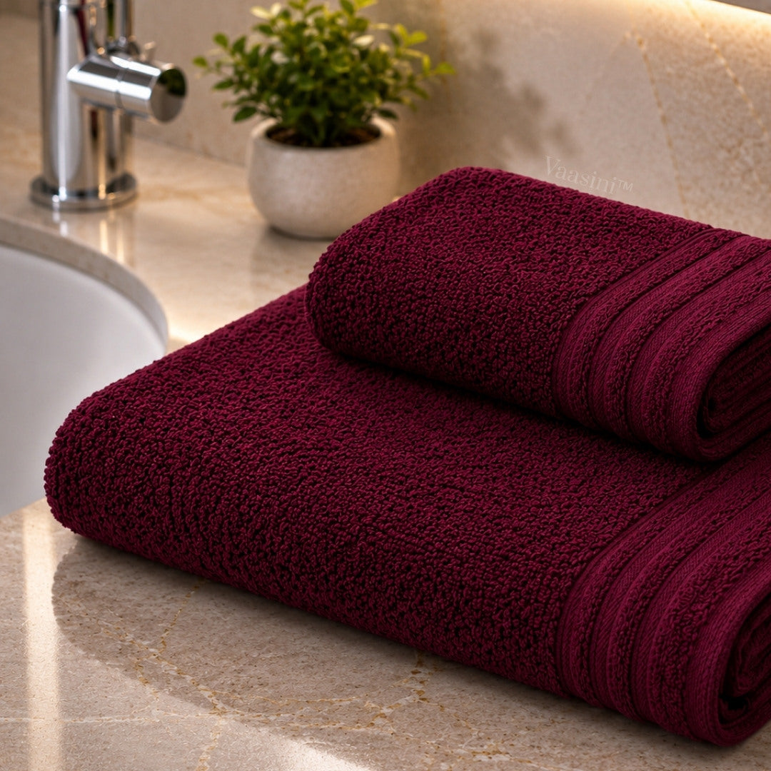 Terry Cotton Ultrasoft & Durable Solid Burgundy Wine 400 GSM Bath & Hand Towel Combo