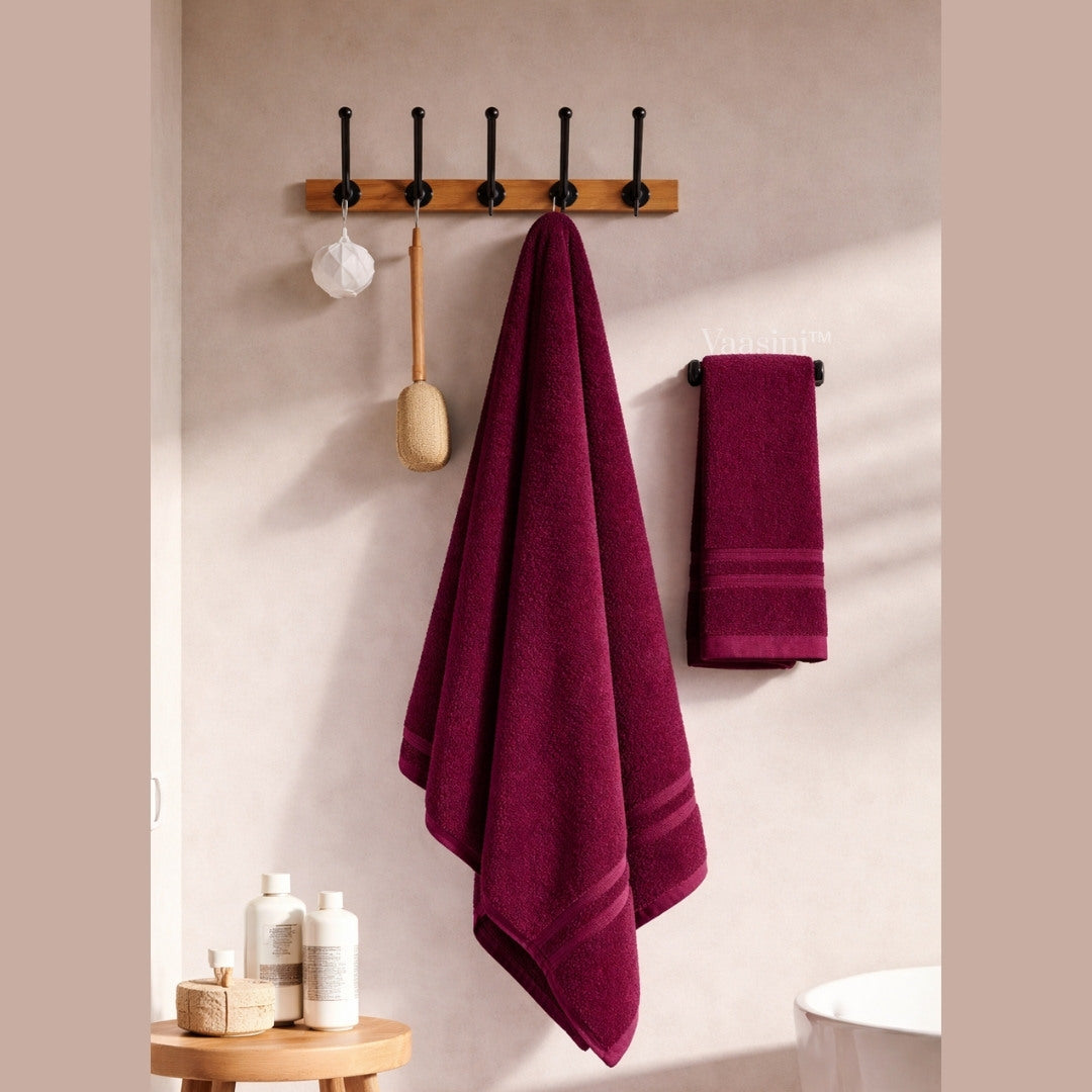 Terry Cotton Ultrasoft & Durable Solid Burgundy Wine 400 GSM Bath & Hand Towel Combo