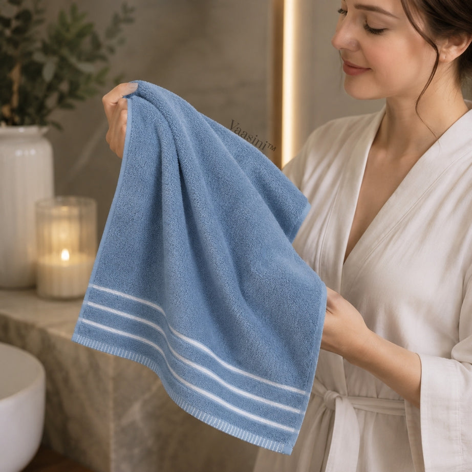 Terry Cotton Ultra Soft 400 GSM Solid Sky Blue Hand Towel with Striped Border