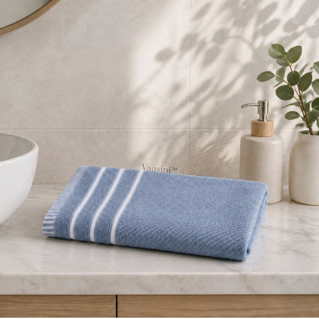 Terry Cotton Ultra Soft 400 GSM Solid Sky Blue Hand Towel with Striped Border
