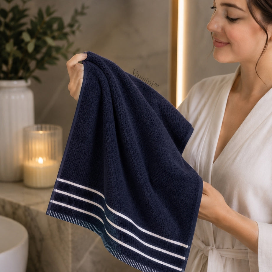 Terry Cotton Ultra Soft 400 GSM Solid Navy Blue Hand Towel with Striped Border