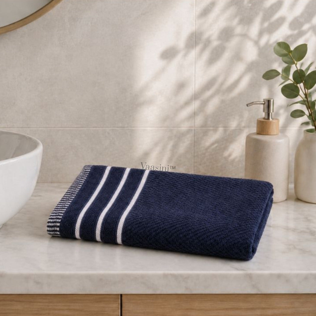 Terry Cotton Ultra Soft 400 GSM Solid Navy Blue Hand Towel with Striped Border
