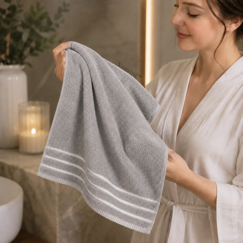 Terry Cotton Ultra Soft 400 GSM Solid Light Grey Hand Towel with Striped Border