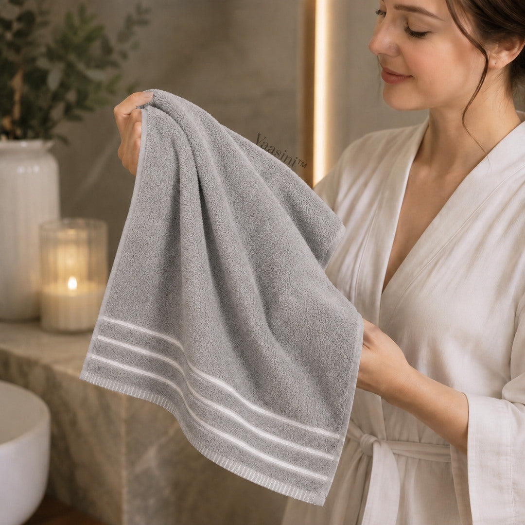Terry Cotton Ultra Soft 400 GSM Solid Light Grey Hand Towel with Striped Border