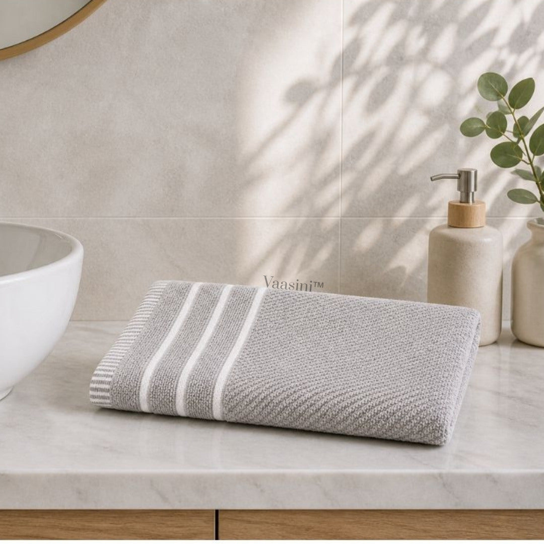 Terry Cotton Ultra Soft 400 GSM Solid Light Grey Hand Towel with Striped Border