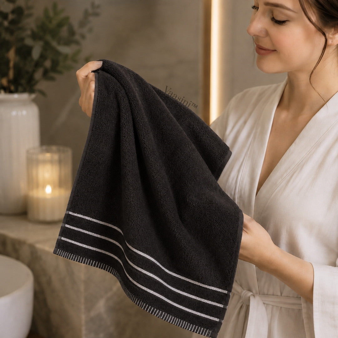 Terry Cotton Ultra Soft 400 GSM Solid Black Hand Towel with Striped Border