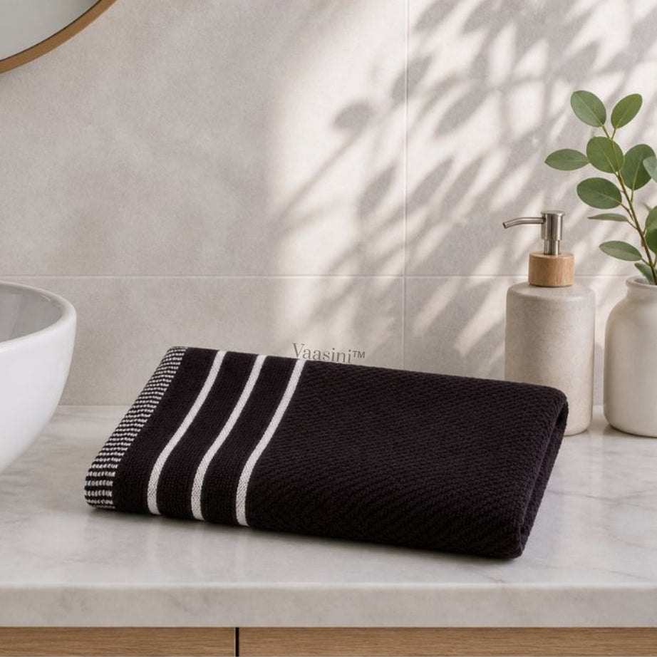 Terry Cotton Ultra Soft 400 GSM Solid Black Hand Towel with Striped Border