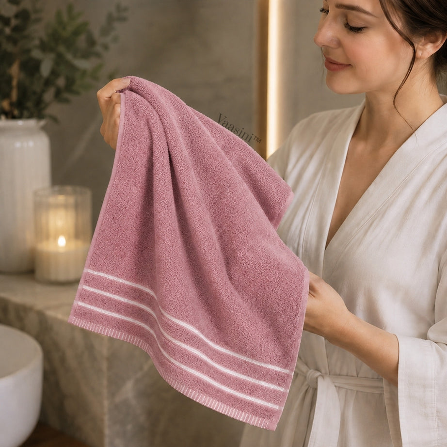 Terry Cotton Ultra Soft 400 GSM Solid Dusty Pink Hand Towel with Striped Border