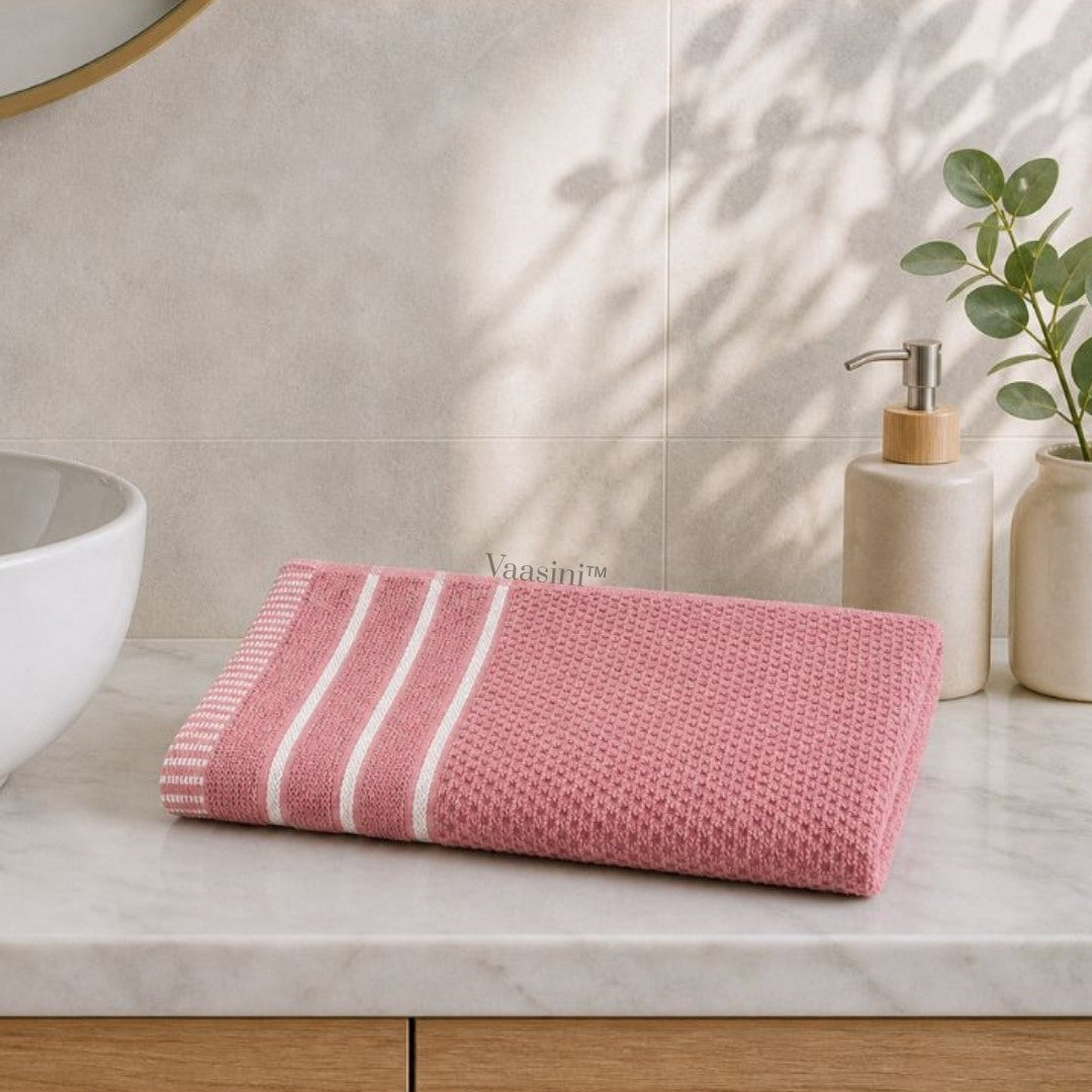 Terry Cotton Ultra Soft 400 GSM Solid Dusty Pink Hand Towel with Striped Border