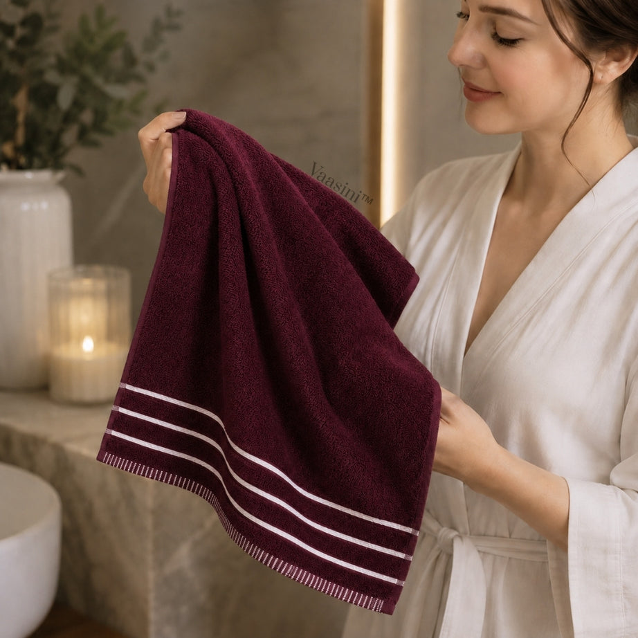 Terry Cotton Ultra Soft 400 GSM Solid Burgundy Hand Towel with Striped Border